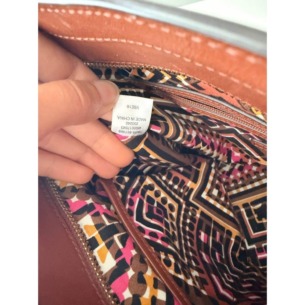 Vera Bradley Brown Leather Tote Bag Crossbody Strap Geometric Lining - Picture 9 of 10